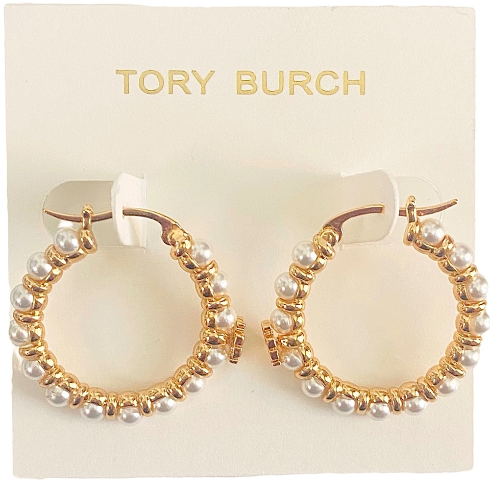 Auth Tory Burch Kira Imitation Pearl Bead Hoop Earring Card/Dust Bag Rtl $148 US
